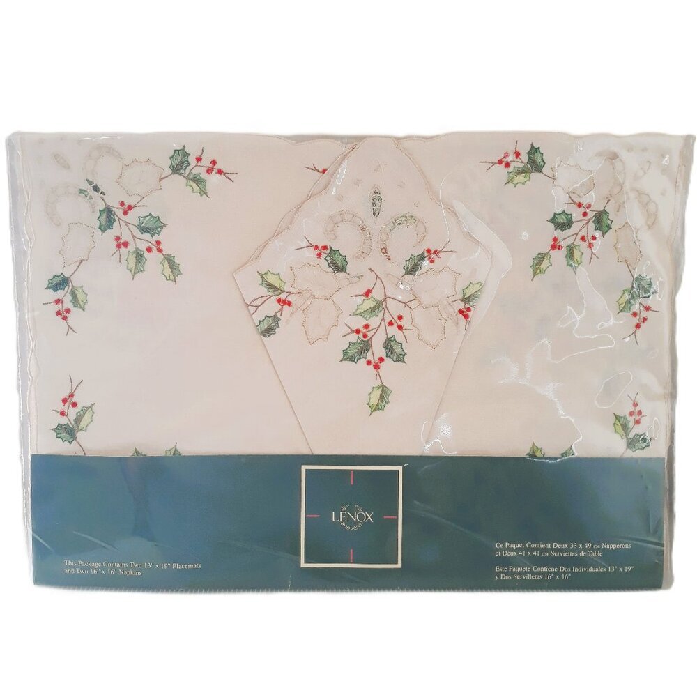 3-New Lenox Holiday Floral Embroidered Metallic Cotton Placemat & Napkin Sets